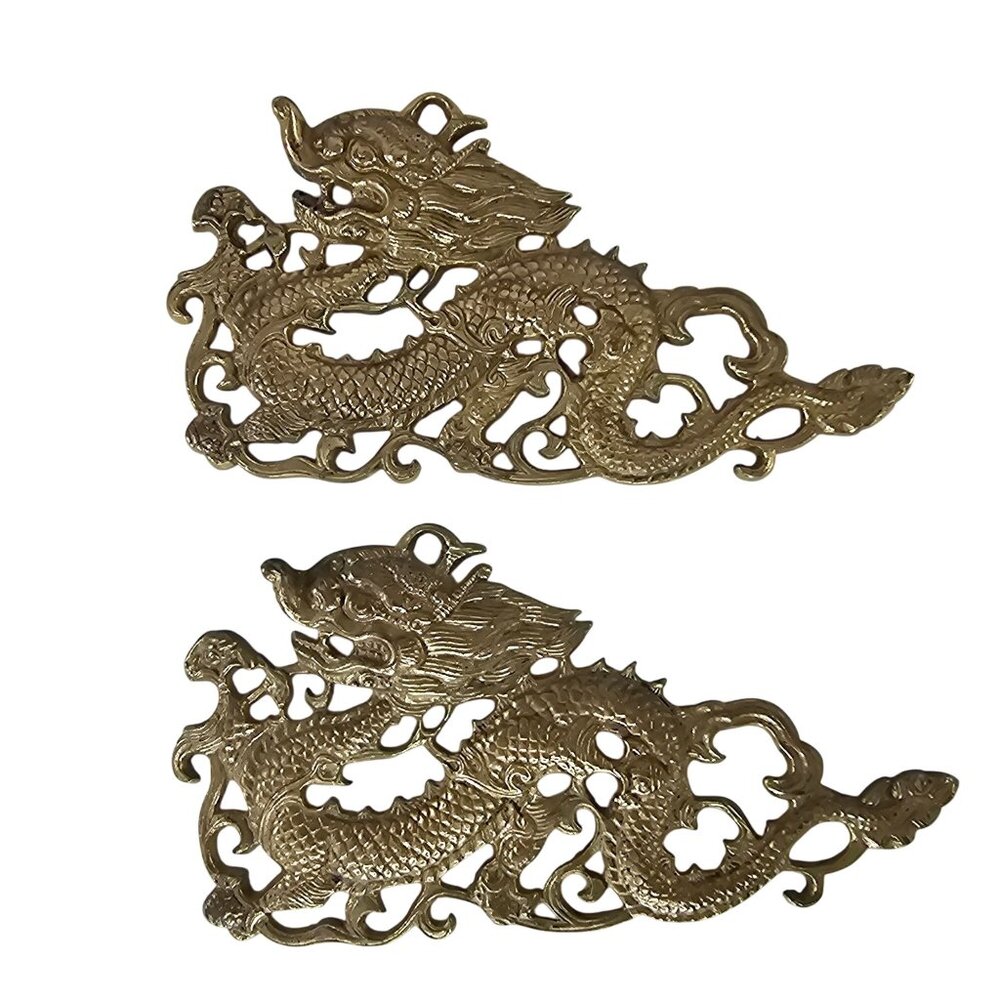 Vintage Brass Dragon Wall Decor Set Of 2 Chinese Mythical Art Pieces 9" Length